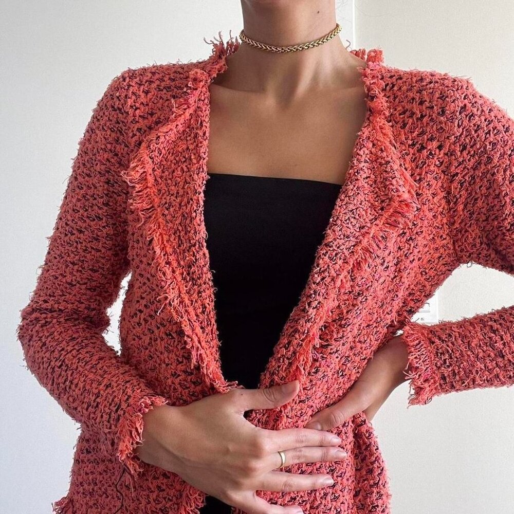 Peach pink fuzzy knit tweed long boho twee cardigan with black accents | Size M - Picture 2 of 7